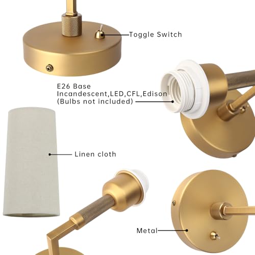 Image of Brass Wall Sconces Set of Two, Hardwired Linen Fabric Shade Wall Lamps, Bathroom Vanity Lights Fixture with Switch, Indoor Wall Lights for Bedroom Living Room Corridor