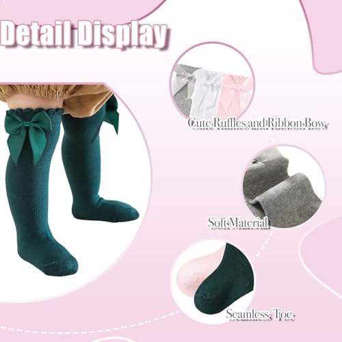 MIREAZW Baby Knee High Socks Newborn Ruffle Bow Socks Infant Long Sock Toddler Girls Uniform Stockings Green 0-6 Months