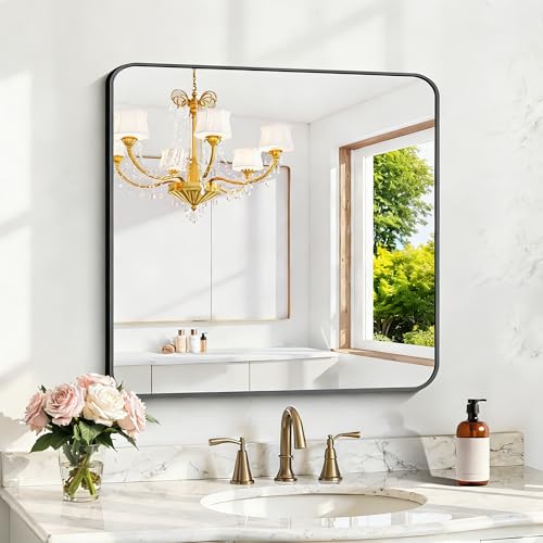 Image of KOCUUY Bathroom Mirror 30 inchx30 inch, Black Square Mirrors for Over Sink, Modern Vanity Mirror with Rounded Corner Metal Frame, Shatterproof Designed Wall Mirror for Bedroom, Living Room, Entryway