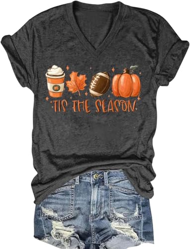 Fall V Neck T-Shirts Women Halloween Graphic Shirts Cute Pumpkin Ghost Tees Funny Holiday Family Short Sleeves Tops