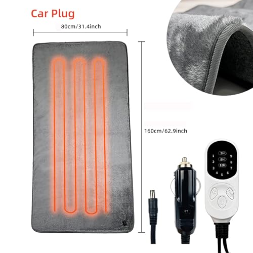 Image of Car Electric Heating Blanket 12 Volt 48 Watts Sleeping Bag Heated Liner Portable Heated Mat for Car Truck SUV Camping Underblanket 9 Heat Setting 2 /8 /12H Timer Setting Machine Washable (63x31.4inch)