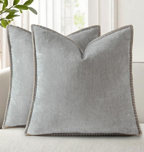 Image of decorUhome Fall Chenille Soft Cozy Throw Pillow Covers 24x24 Set of 2, Modern Farmhouse Boho Velvet Decorative Euro Sham Pillow Cases with Stitched Edge for Couch Sofa Bed Home Decor, Neutral Gray