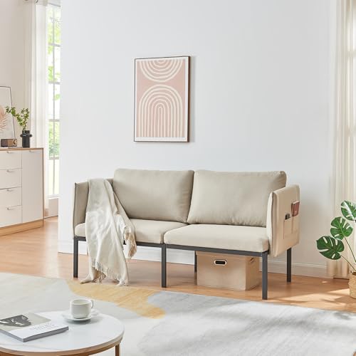 [en.casa] Sofá Kamar Muebles de Salón Canapé Sofá 2 plazas con Reposabrazos y 2 Cojines de Respaldo para Sala de Espera Funda Lavable Máx. 240 kg Acero Poliéster 69 x 158 x 63 cm - Beige