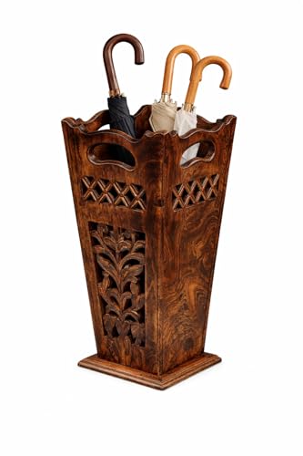 ARTISENIA Antique Wooden Umbrella Stand & Walking Cane Holder for Home, Office & Entryway | Hand-Carved Solid Wood Umbrella & Cane Storage Rack | Size 21.5 x 8 x 8 in, Base 7.5 x 7.5 inches