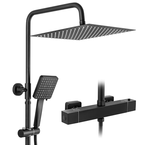 Auralum Colonna Doccia Termostatica Nero Set Completo Con Miscelatore, Saliscendi Doccia Acciaio Inox Con Soffione Doccia A Pioggia 30Cm, Asta Doccia Regolabile 88-124Cm, Doccetta A Mano 6 Modalità - 8