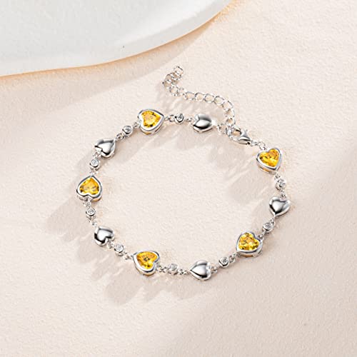 Carleen November Birthstone Bracelet 925 Sterling Silver Created Citrine Bracelet For Women Heart Shape Station Tennis Bracelet Gemstone Jewelry For Girls Wife Mom #TOP4