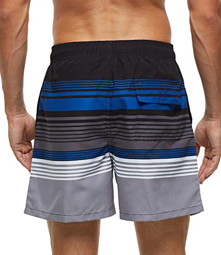 SILKWORLD Men's Swim Trunks Quick Dry Bathing Suit, Beach Shorts with Mesh Lining,Black/Blue/Grey Stripe,Medium