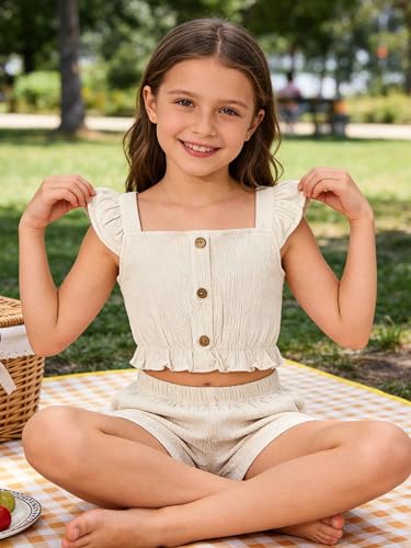 Image of Girl's Summer Clothing Sets Knit Ruffle Striped T-Shirt and Shorts 2 Piece Outfits