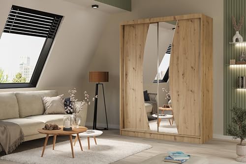 ALTDECOR Kleiderschrank mit Spiegel und Schiebetüren, kugelgelagerte Führungsschienen und Aluminium-Leisten - VOXI - 160 cm Eiche Artisan