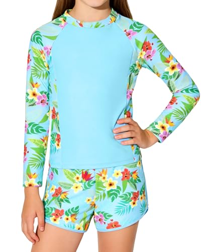 Image of Girls Rash Guard Long Sleeve Swimsuit 2 Piece Bathing Suit UPF 50+ Summer Beach Swimwear for Girl 5-14 Years