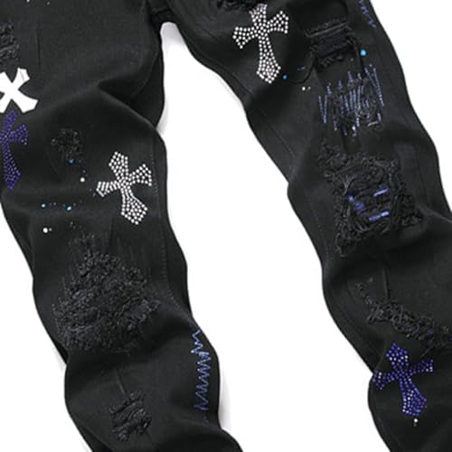 Men's Black Ripped Jeans Basic Plain Straight Men's Jeans, Embroidery Ripped Patchtrendy Stretch Slim Fit Pants,303