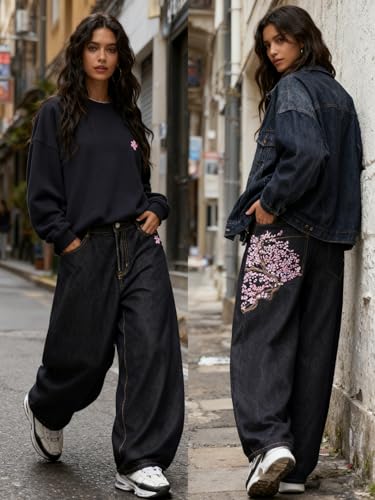 Image of EMMIOL Women Hip Hop 90s Vintage Baggy Jeans Denim Pants Mid Waist Jeans
