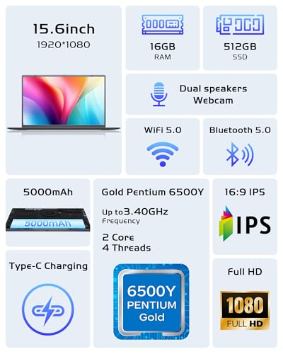 Image of 15.6 inch Laptop 16GB RAM - 512GB SSD Laptop Good for Business and Student, Pentium Processor (Up to 3.4GHz), IPS FHD Display, WIFI5 and BT5.0, Dual USB C, USB 3.2, HDMI