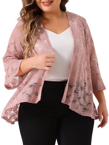 Image of Agnes Orinda Women Plus Size Open Front Lace Cardigans | 3 /4 Bell Sleeve Sheer Formal Bolero Shrugs Lightweight Floral Crochet Cover Up
