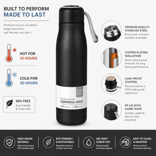 Image of Premium Stainless Steel Vacuum Insulated Water Bottle (550ml) Thermal Dori Bottle with Strap | Hot & Cold | Leak-Proof Double Wall Vacuum Flask (Black)