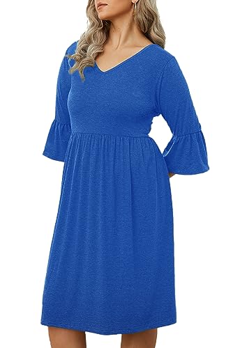 Image of Women's Plus Size 3 /4 Sleeve Casual Dress V Neck Spring Summer Tshirt Empire Waist Ruffle Midi Dresses