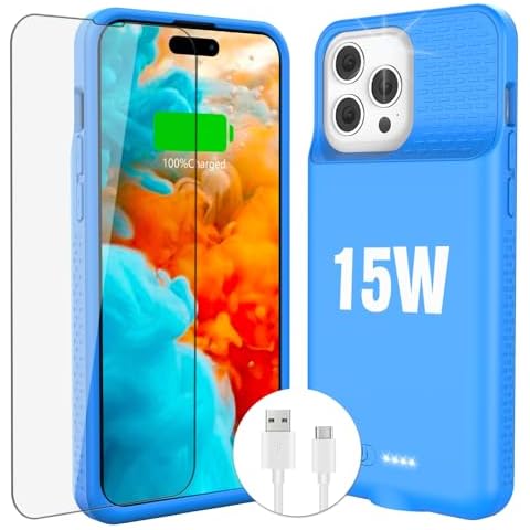 KKD 15W Fast Charging Case for iPhone 15 Pro Max/15 Plus,Real 8000mAh Smart Battery Charger Case with TPU Anti-Slip Design and Anti-Abrasion Flocking for iPhone 15 Pro Max/15 Plus-6.7inch Blue Cover