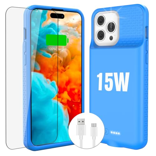 KKD 15W Fast Charging Case for iPhone 15 Pro Max/15 Plus,Real 8000mAh Smart Battery Charger Case with TPU Anti-Slip Design and Anti-Abrasion Flocking for iPhone 15 Pro Max/15 Plus-6.7inch Blue