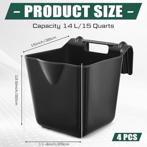 Image of Marsui 4 Pack 15 Quart Horse Feeders for Stall Hook Over Hanging Fence Hay Feeder Mountable Livestock Plastic Feed Bucket for Farm Stalls Pasture, Stable to Feed Horses Sheep Cattle Cows Etc(Black)
