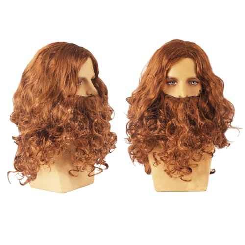 GWAWG Long Wig and Beard Adults Dark Brown Curly,Wig Long Be