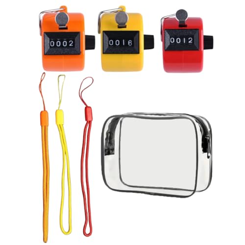 THE SMART WORKER 3 Digital Tally Counter Set Assorted Colors with Matching Wrist Strap, 4 Digit Manual Clicker, PVC Storage Bag