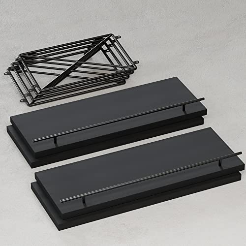 Wopitues Book Shelves, Wooden Floating Book Shelves For Wall, Farmhouse Floating Book Shelf With Metal Guardrail For Bedroom, Small Book Organizer For Wall Decor, Living Room, Kids Room, Office–Black #TOP6