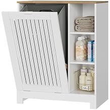 Smart FENDEE Tilt Out Laundry Hamper Cabinet with Louvered Door, Canvas Basket and 3 Open Side Shelves, Hidden Trash Can Cabinet, Ideal for Laundry, Kitchen, Bathroom, White