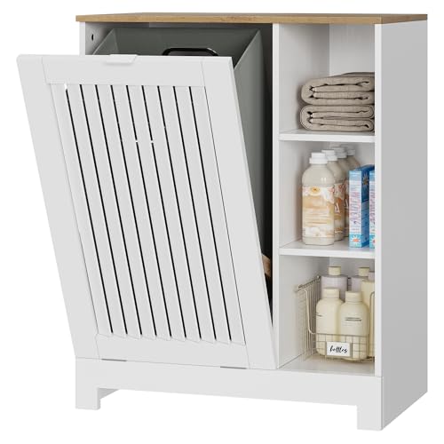 Smart FENDEE Armoire à Linge inclinable avec Porte à persiennes, Panier en Toile et 3 étagères latérales Ouvertes, Poubelle dissimulée, idéale pour la...