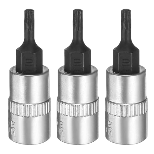 Image of sourcing map 3pcs T10 Torx Bit Socket 1/4" Square Drive Star 6 Point Extension Impact Bit Power Nut Driver Set S2 & CR-V Steel Socket Ratchet Wrench Bits, Silver Black