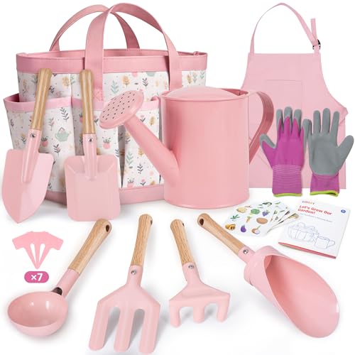 cossy Gartenset für Kinder 13-teilige Gartenwerkzeug Set Gartengeräte für Kinder & Kleinkinder Inklusive Tragetasche Gießkanne Schaufeln Rechen Gartenhandschuhe Schürze Rosa