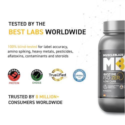 Image of MuscleBlaze Biozyme Iso-Zero, Low Carb Whey Protein Isolate Powder, Tropical Mango (1kg / 2.2lbs) | 27g Isolate Whey Per Scoop | USA Patent-Published Enhanced Absorption Formula (EAF)