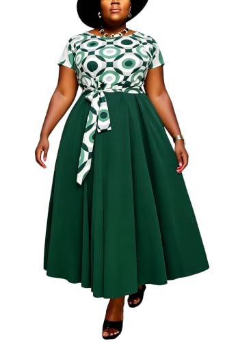 Image of Hostoyo Women Plus Size Formal A Line Maxi Dress Self Tie Waist with Pockets Elegant Round Neck Swing Long Dresses