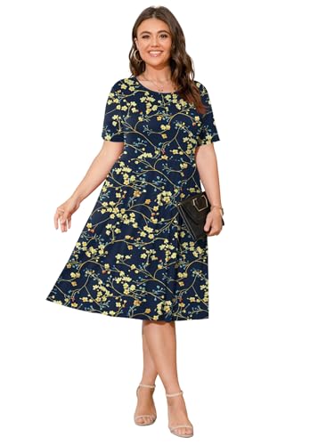 Image of POSESHE Womens Plus Size Summer Dress 2026 Casual Short Sleeve Empire Waist Loose Fit Swing T-Shirt Dress with Pockets