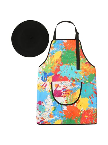 JEATHA Kids Artist Costume Career Day Dress-up Outfits Colorful Handprint Apron Waterproof Art Painting Smock with Beret Colorful 11-14 Years