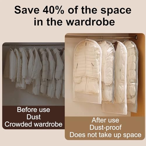 Transparent PEVA Garment Bag for Clothes Storage, Dustproof & Sealed, Ideal for Seasonal Clothing, 60x130cm/24x51in, Durable Hanging Protection, White3