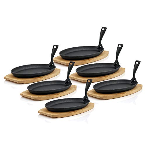BBQ-TORO Sartén Ovalada de Hierro Fundido para Servir con Base de Madera | 27 x 18 x 3 cm |...
