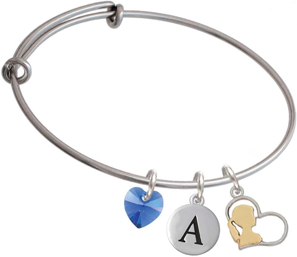 Delight Jewelry Girl Silhouette in Heart - Crystal Heart and Pebble Initial Custom Charm Bangle Bracelet