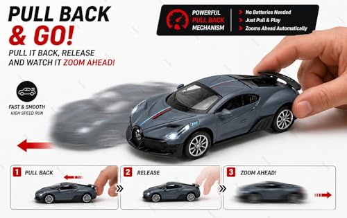 Image of 1:36 Scale Bugatti Die-Cast Toy Car - Pull Back Metal Model with Openable Doors, LED Lights & Music - Alloy Mini Car Gift for Kids, Boys & Collectors 【Grey】