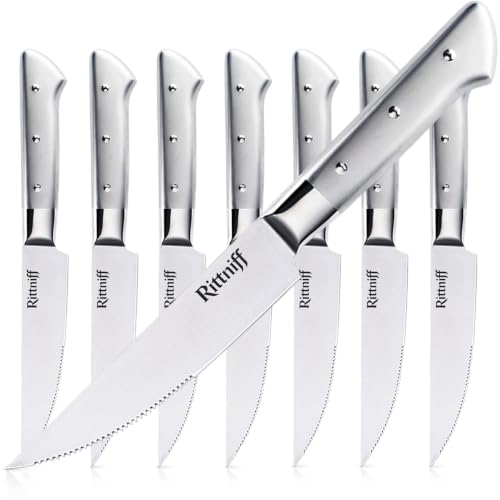 Rittniff Steak Knives Set of 8, 5-Inch Serrated Stainless Steel Dinner Knives with Wide 304 Stainless Steel Handles, Gift Box for Family Dining and Entertaining, Silver by Rittniff - Used condition - US$49.17