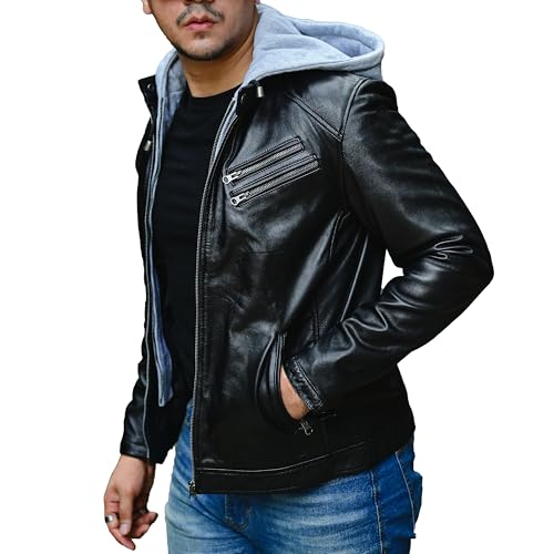 Image of Jild Hooded 2.0 Leather Jacket Men - Genuine Lambskin Leather Bomber Jacket with Removable Hood for Mens Fashion