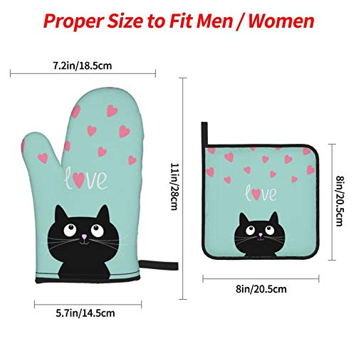 Pink Hearts And Cute Cartoon Cat Blue Background Oven Mitts And Pot Holders Sets 4 Pcs Set, Heat Resistant Soft Cotton Lining With Non-Slip Surface Oven Gloves For Kitchen Cooking Baking Bbq #TOP2