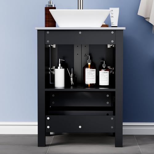 U-Eway 24 Inch Black Bathroom Vanity Cabinet with Square Ceramic Sink 1.5 GPM Chrome Faucet Bathroom Vanity Top with Porcelain White Sink Set, 30% Water Saving