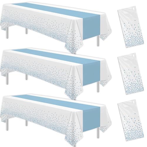 Image of White and Blue Party Decorations Tablecloth, 3 Pack Disposable Light Blue Dot Table Cover Printed Table Runner for Birthday Baby Bridal Shower Wedding Anniversary Graduation, 86in x 55in