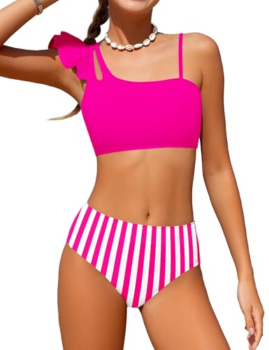 Doumlop Girls Bathing Suit Size 10 Ruffled Swimsuit for Girls Size 8-10 Two Peice Bikini Bathing Suits with Adjustable Straps Pink Striped Beach Swimwear