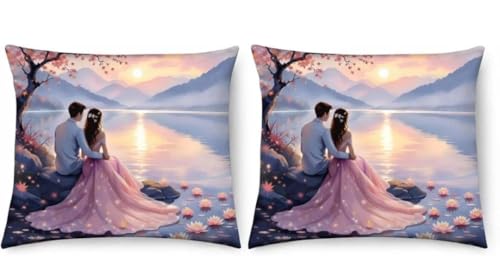 Image of Premium 7D Digital Printed Cotton Flat Bedsheet (90 X 100) Inch with 2 King Size Pillow Covers -300 TC Fabric, Design & Superior Comfort Double Bedsheet for Double Bed (Blue - Couple Pattern 1)