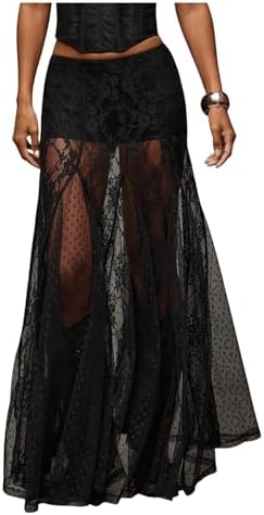 WDIRARA Women's Sexy See Through Sheer Lace Maxi Skirt Low Waist ...