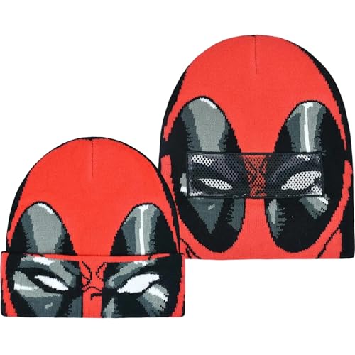 Marvel Deadpool Beanie Hat, Roll Down Mask Cuffed Adult Winter Knit Cap for Men and Women, Red/Black, One Size