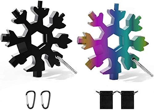 2 Pcs 18 in 1 Snowflake Multi Tool, Stainless Steel Handy Tool with Carabiner Clip, Bottle Opener Flat Screwdriver Wrench Kit (Black+Colorful)