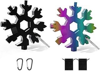 2 Pcs 18 in 1 Snowflake Multi Tool, Stainless Steel Handy Tool with Carabiner Clip, Bottle Opener Flat Screwdriver Wrench Kit (Black+Colorful)