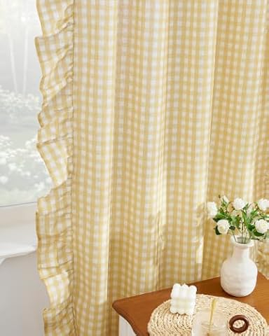 NICETOWN Cream Yellow Gingham Ruffle Curtains 63 Inch, 2 Panels, W40xL63 — $41.98 (49% off)